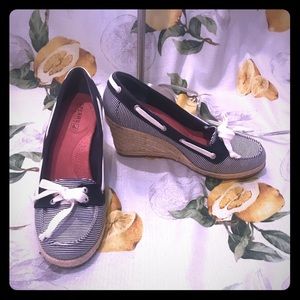 Blue and White Sperry Wedges